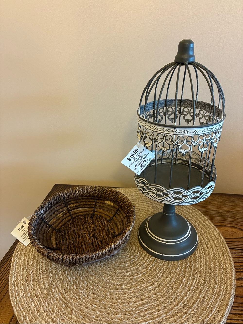 Hobby Lobby Decor Set of 2 Charcoal Gray/White Birdcage & Dark Brown Tray/Basket
